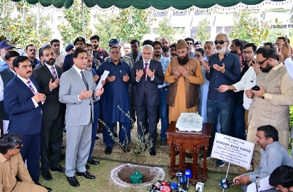 Islamabad 25.08.2026: Speaker National Assembly Sardar Ayaz Sadiq offering prayer after planting a sapling of Olea Europaea in front of Parliament House.